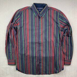 Tommy Hilfiger Mens Shirt XL Red Blue Vertical Striped Button Up Long Sleeve